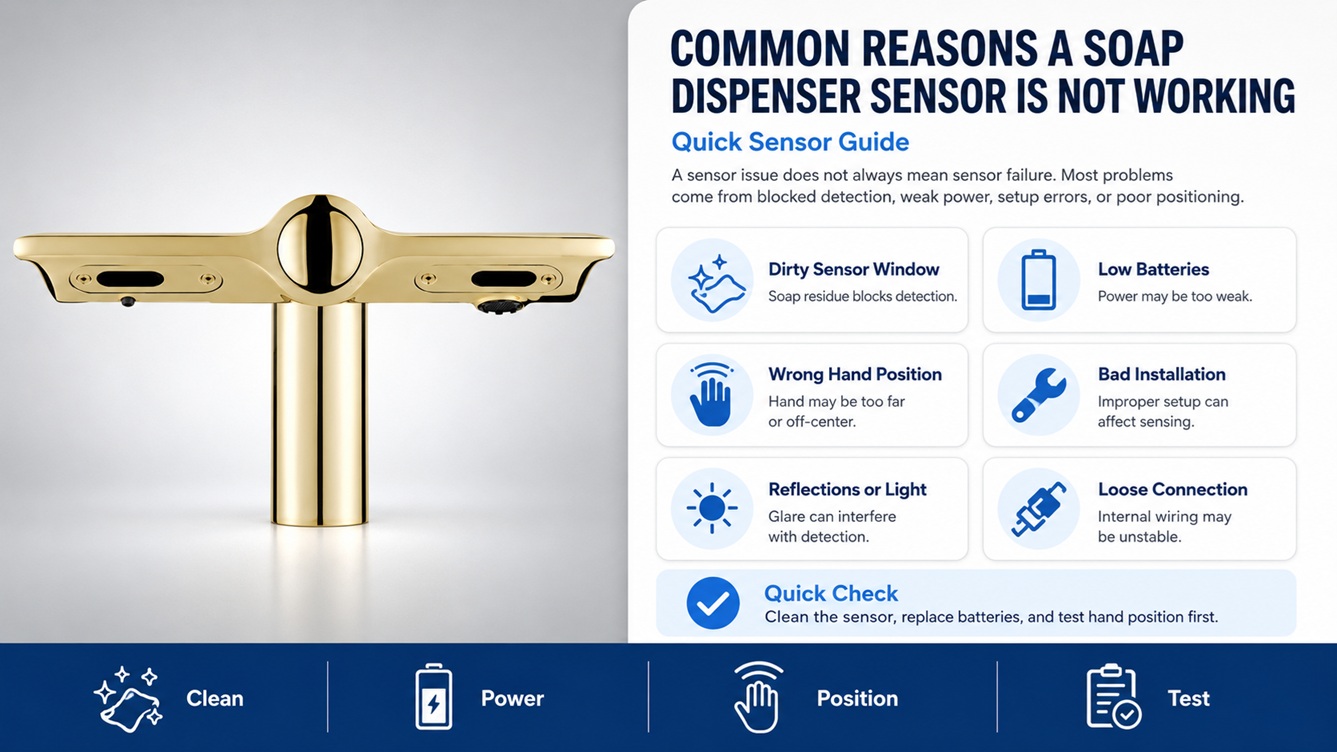 Polished gold dual-sensor soap dispenser faucet model shown beside a troubleshooting guide for common soap dispenser sensor problems, including dirty sensor window, low batteries, hand position, and loose connection